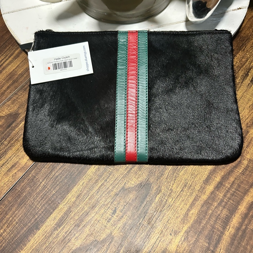 Parker & Hyde Black Clutch with Red and Green Stripe